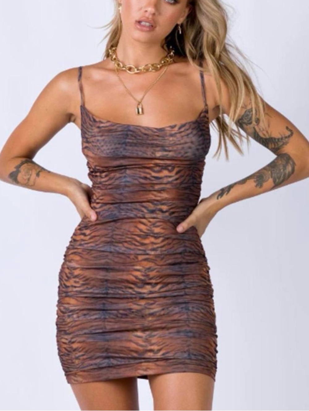 Princess Polly Brown Tiger-Print Ruched Bodycon Mini Dress